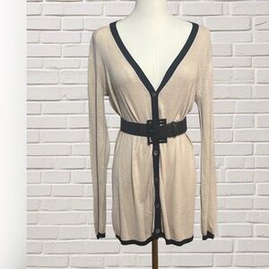 Neiman Marcus Silk Linen Ribbed Cardigan Beige Black Trim Neutral Scandi Size M